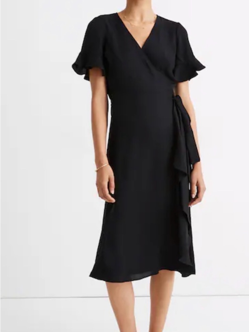Madewell women’s black midi wrap dress ruffle sleeves medium LBD